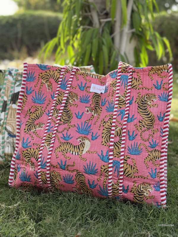 pure cotton large quilted tote bag for travel shopping beach with vibrant tiger design on pink background