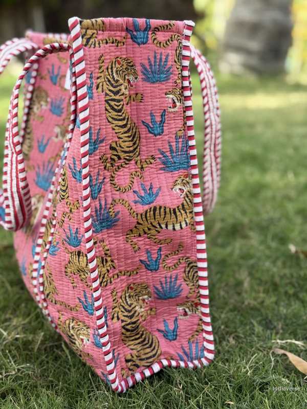 pure cotton large quilted tote bag for travel shopping beach with vibrant tiger design on pink background