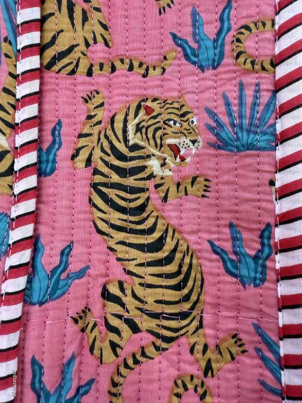 pure cotton large quilted tote bag for travel shopping beach with vibrant tiger design on pink background