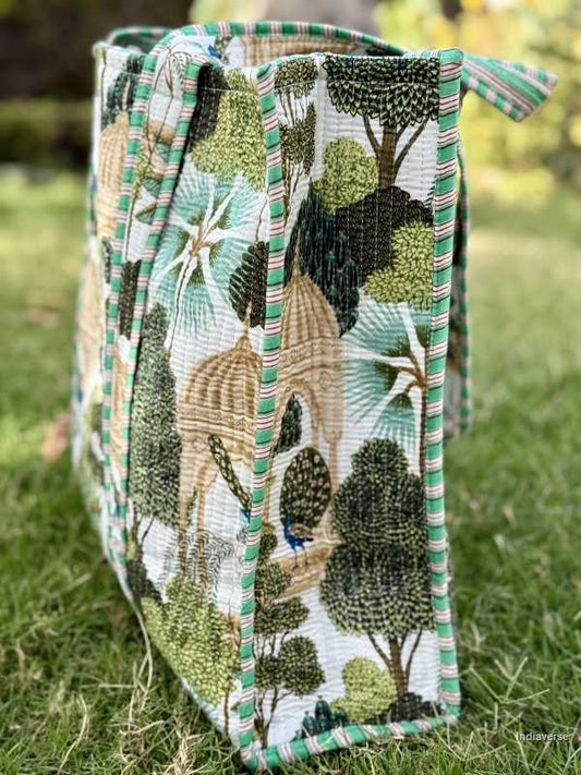 Printed quilted cotton tote bag for beach,shopping and to carry large items comfortable with peacock and trees design