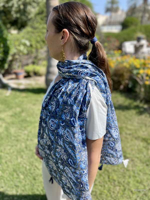 Blue grey color hand block printed floral design on cotton lightweight and perfect for any occasion