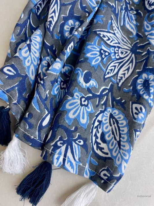 Blue grey color hand block printed floral design on cotton lightweight and perfect for any occasion