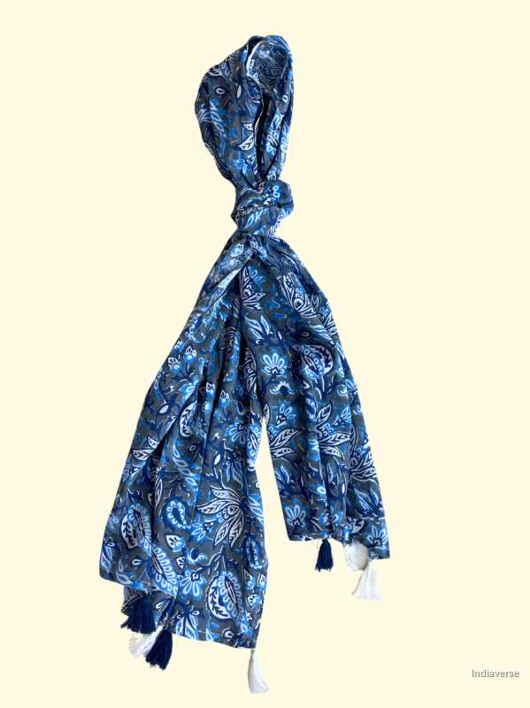 Blue grey color hand block printed floral design on cotton lightweight and perfect for any occasion