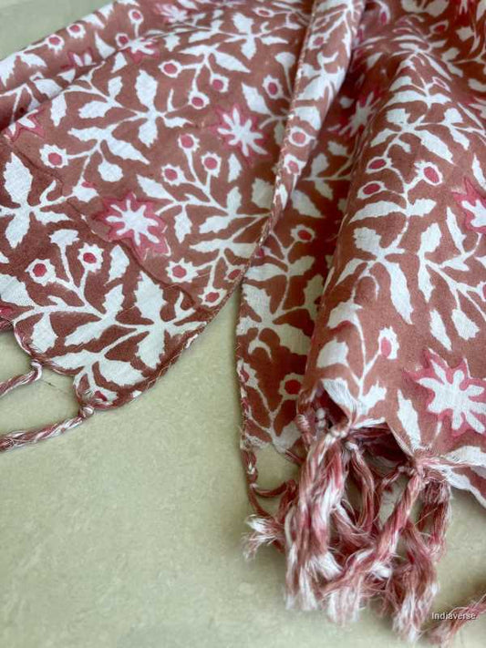 White floral hand block printed design and dark coral color on cotton lightweight and perfect for any occasion