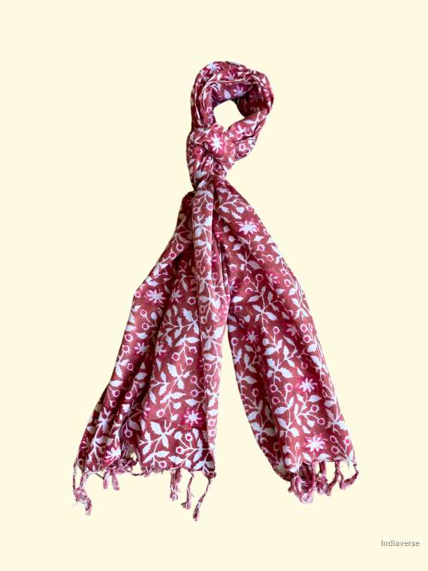 White floral hand block printed design and dark coral color on cotton lightweight and perfect for any occasion