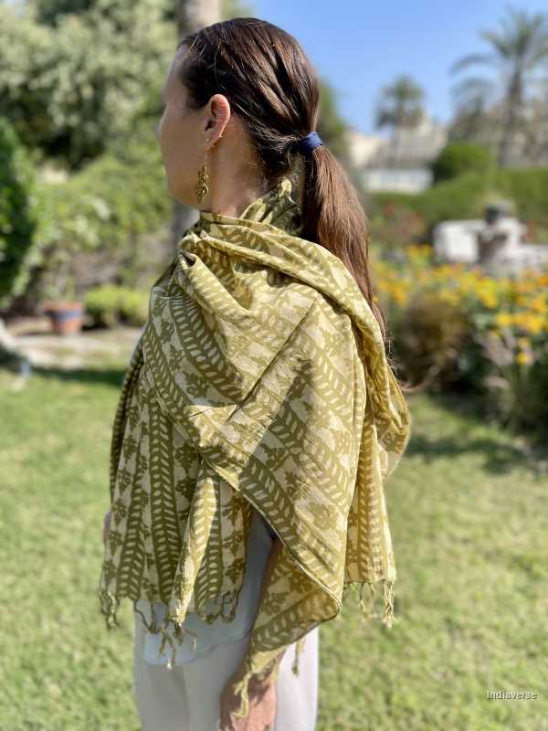 Kaki beige color hand block printed cotton scarf with geometric design lightweight and perfect for any occasion