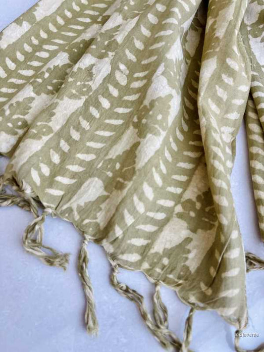 Kaki beige color hand block printed cotton scarf with geometric design lightweight and perfect for any occasion