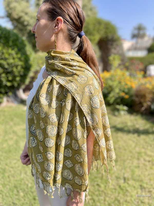 Kaki color hand block printed cotton scarf with quirky Indian rupee coin design lightweight and perfect for any occasion