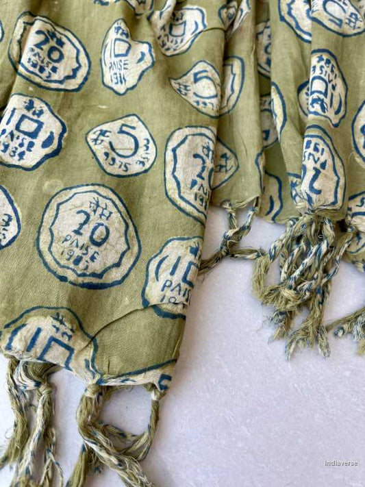 Kaki color hand block printed cotton scarf with quirky Indian rupee coin design lightweight and perfect for any occasion