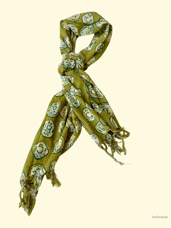 Kaki color hand block printed cotton scarf with quirky Indian rupee coin design lightweight and perfect for any occasion