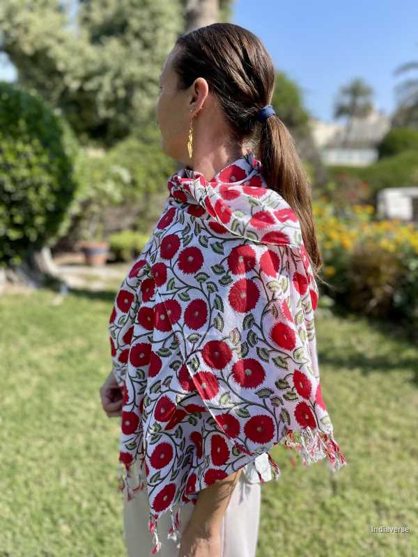white red color hand block printed cotton scarf with poppy design lightweight and perfect for any occasion