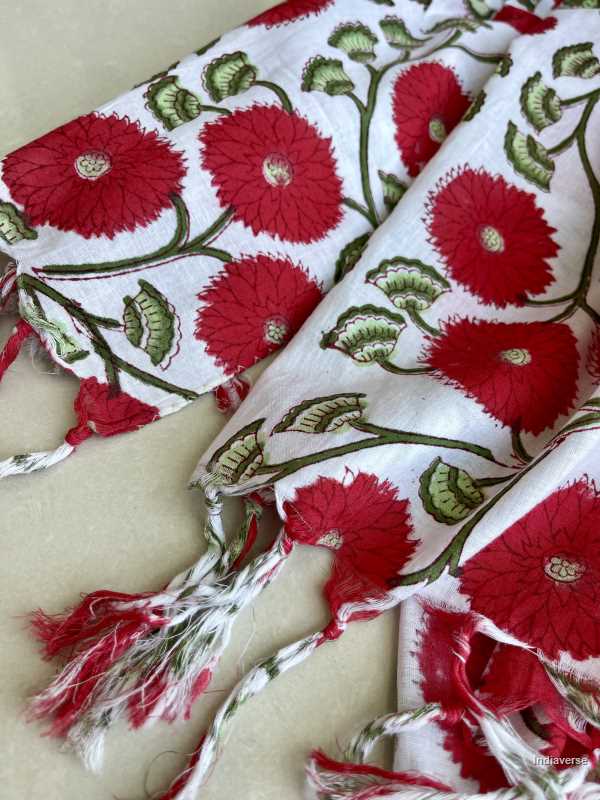 white red color hand block printed cotton scarf with poppy design lightweight and perfect for any occasion