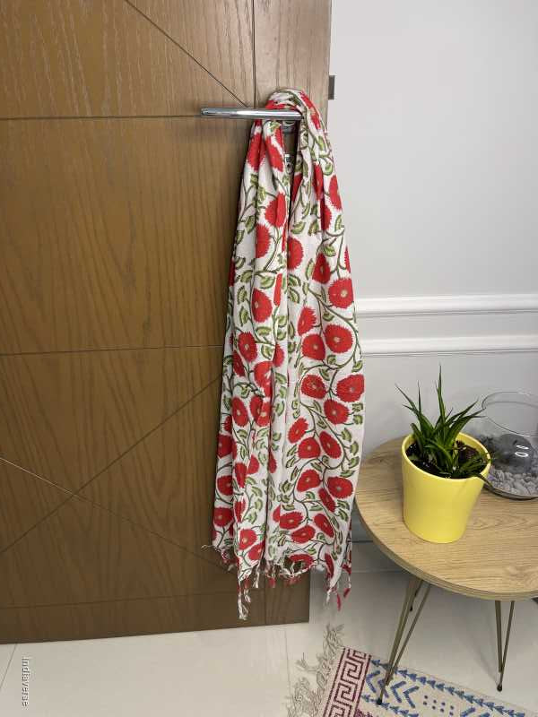 white red color hand block printed cotton scarf with poppy design lightweight and perfect for any occasion