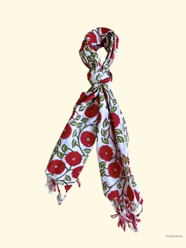 white red color hand block printed cotton scarf with poppy design lightweight and perfect for any occasion