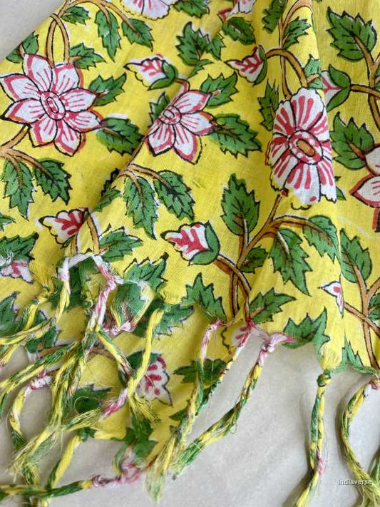 Yellow color hand block printed floral design on cotton lightweight and perfect for any occasion