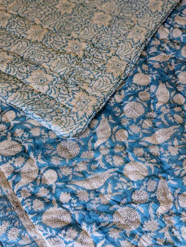 Handmade Single Quilt Blanket blue color and hand block printed bird design perfect for single bed or sofa