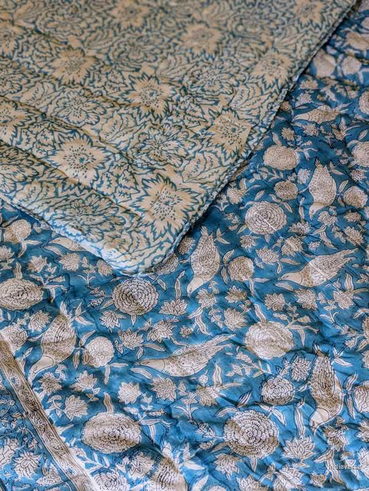 Handmade Single Quilt Blanket blue color and hand block printed bird design perfect for single bed or sofa