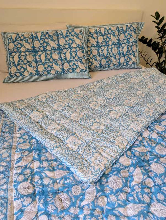 Handmade Single Quilt Blanket blue color with two matching pillow cases and  hand block printed bird design perfect for single bed or sofa