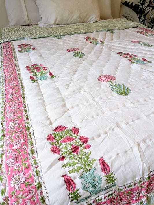 Handmade single Quilt Blanket with pink flower design hand block printed on pure cotton perfect for the couch or single bed