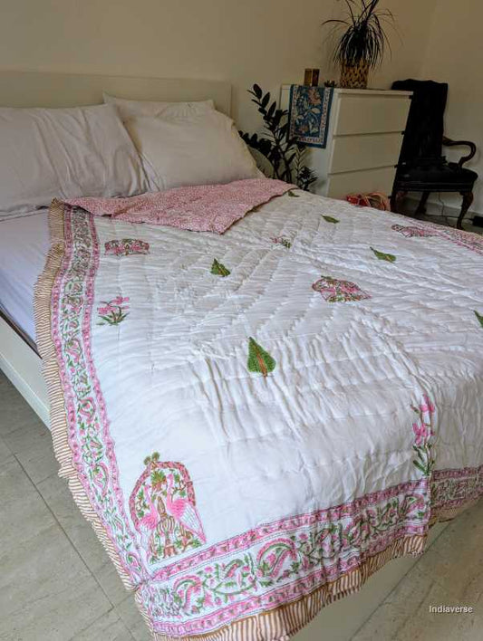 Handmade single Quilt Blanket with peacock and pink flower design hand block printed on pure cotton perfect for the couch or single bed