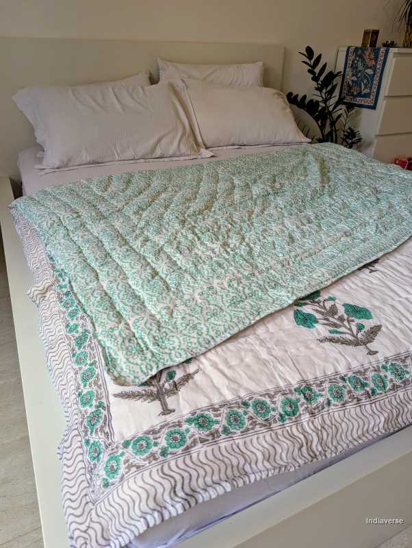 Handmade single Quilt Blanket with turquoise flower design hand block printed on pure cotton perfect for the couch or single bed