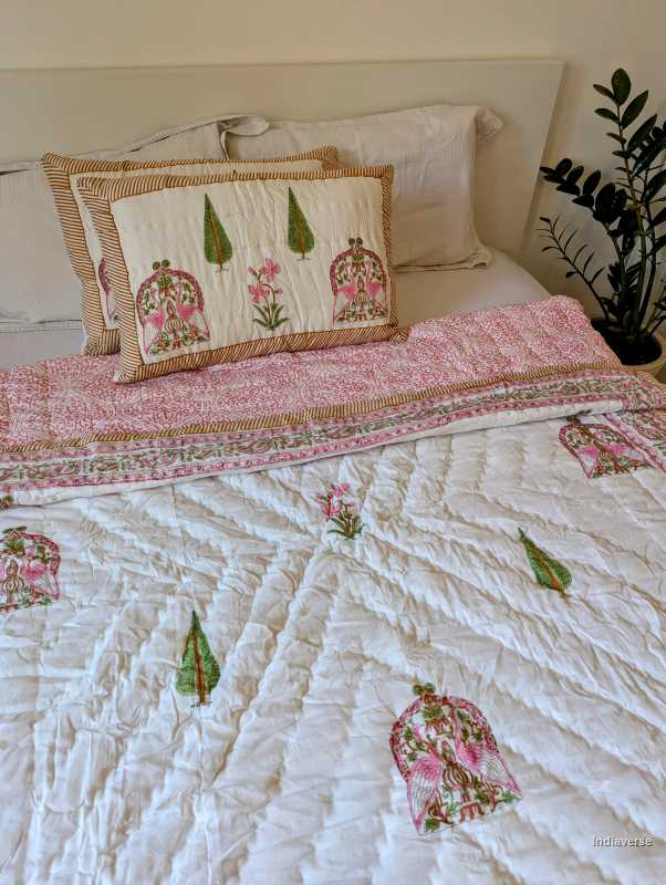 Handmade Double Quilt from Jaipur with peacock and flower design in pink color and two matching pillow cases hand block printed pure cotton perfect for queen or king size beds