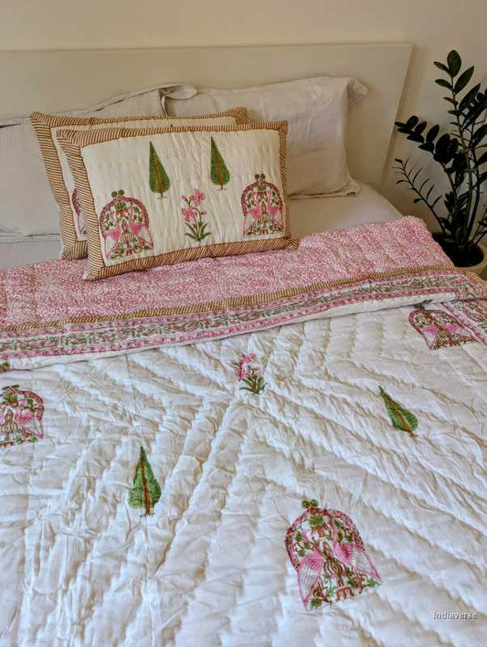 Handmade Double Quilt from Jaipur with peacock and flower design in pink color and two matching pillow cases hand block printed pure cotton perfect for queen or king size beds