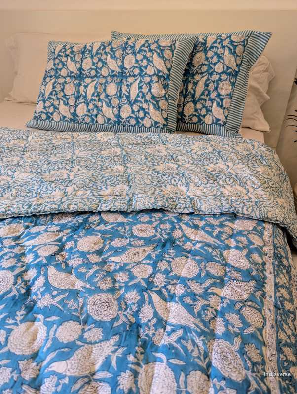 Handmade Single Quilt Blanket blue color with two matching pillow cases and hand block printed bird design perfect for single bed or sofa
