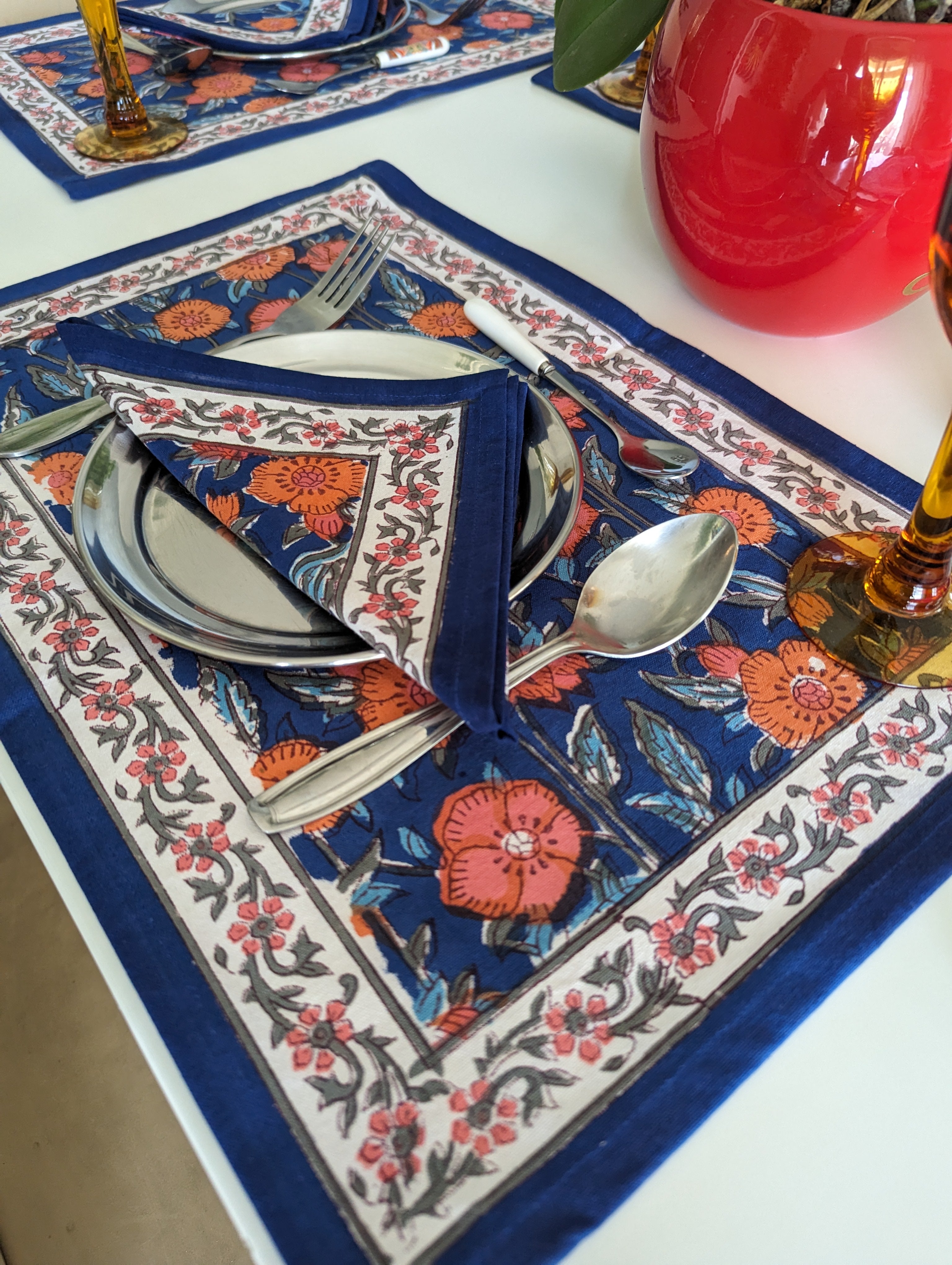 6-piece handblock printed placemat and napkin set Blue Orange Blossom in indian cotton