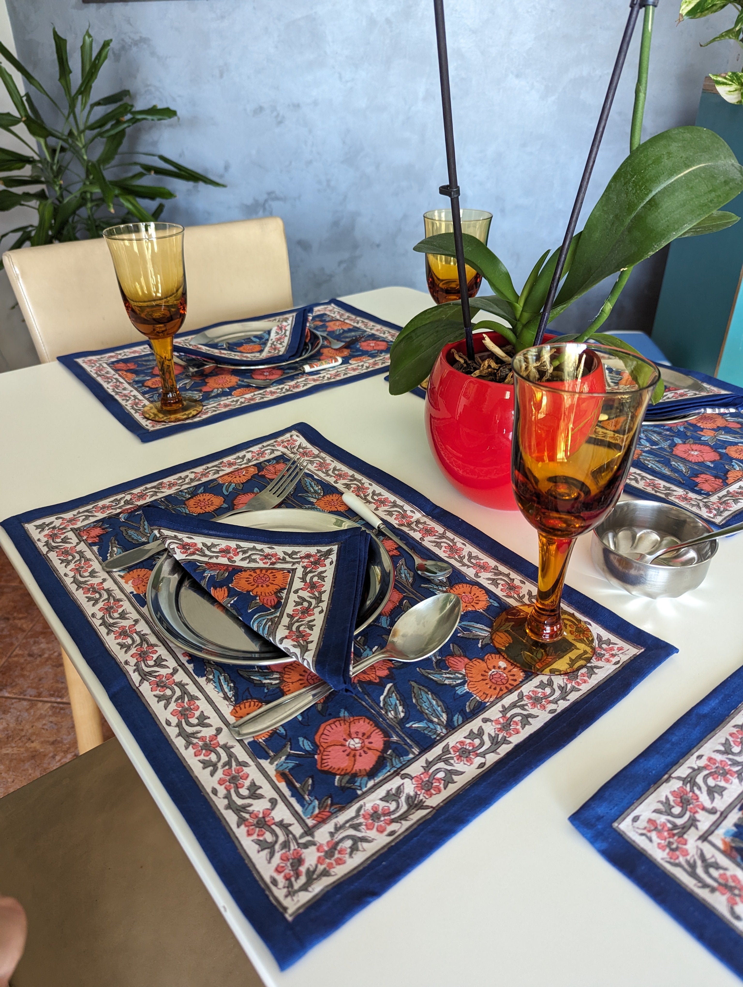 6-piece handblock printed placemat and napkin set Blue Orange Blossom in indian cotton