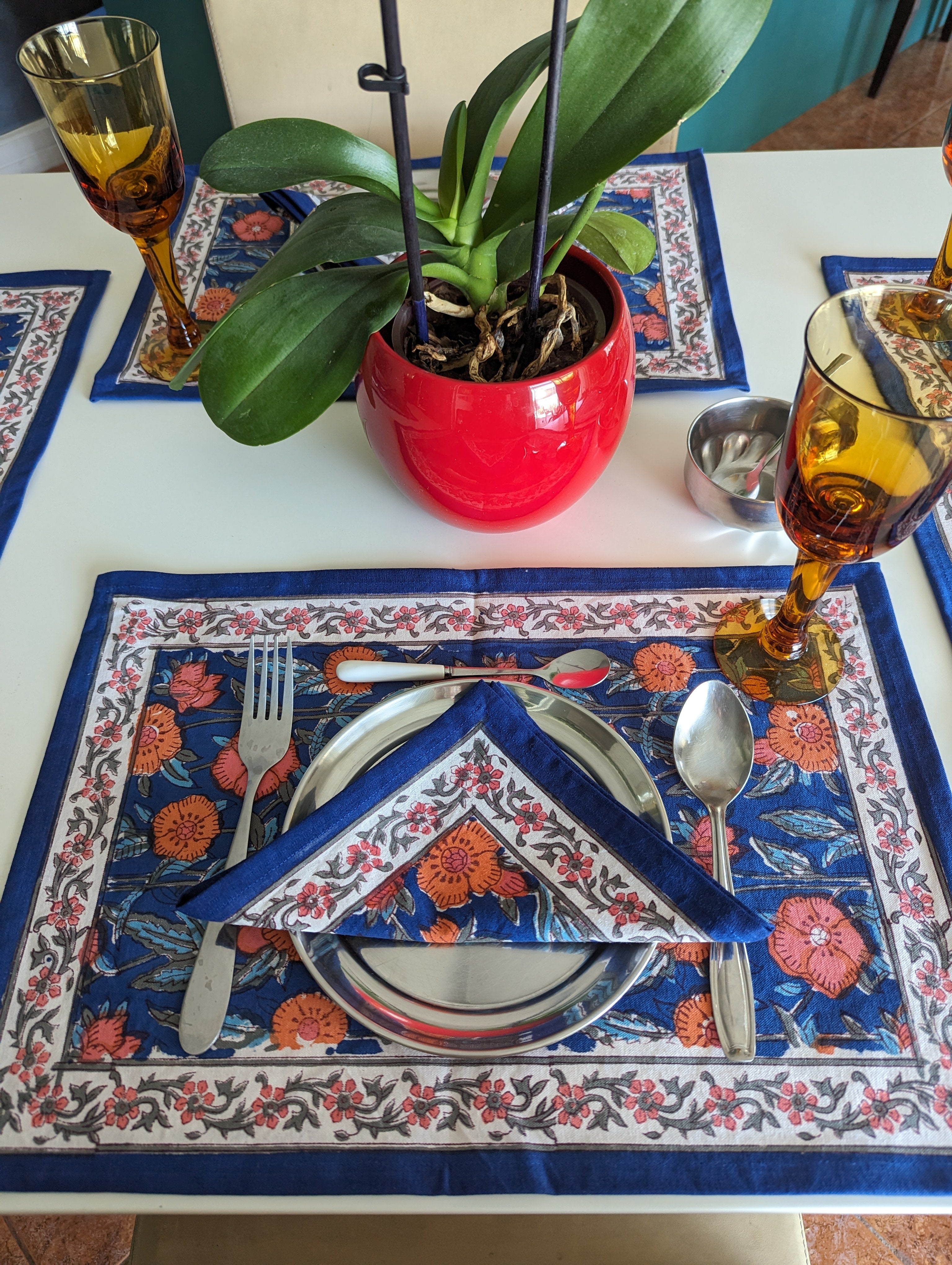 6-piece handblock printed placemat and napkin set Blue Orange Blossom in indian cotton