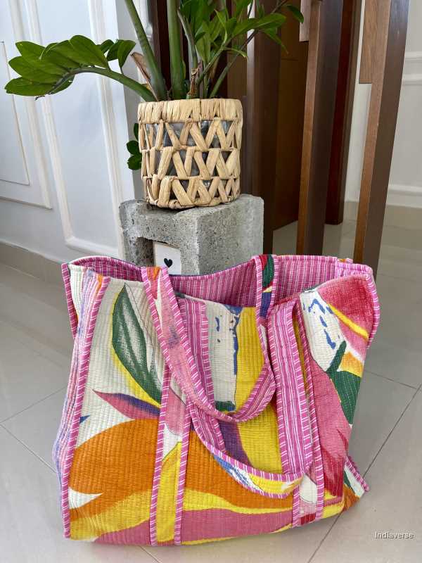 Colorful handmade quilted pure cotton Tote Bag with one inside pocket for keys and small items 