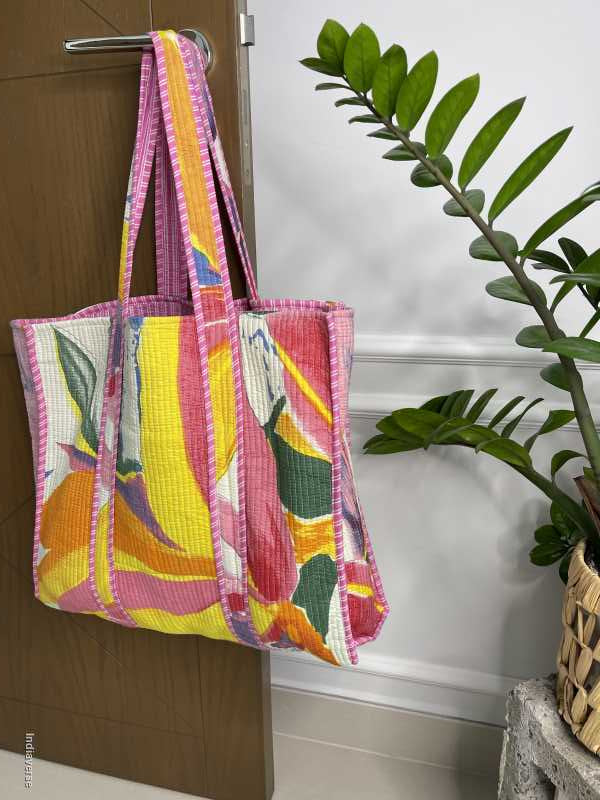 Colorful handmade quilted pure cotton Tote Bag with one inside pocket for keys and small items 