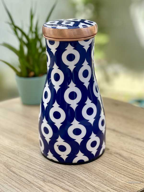 Pure copper jar enameled with symmetrical blue white design hold 900 ml of water perfect for entertaining and table decor