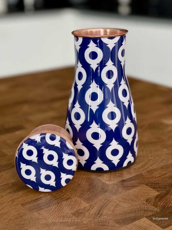 Pure copper jar enameled with symmetrical blue white design hold 900 ml of water perfect for entertaining and table decor