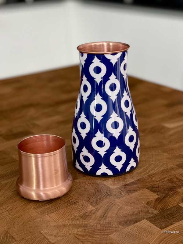 Pure copper jar enameled with symmetrical blue white design hold 900 ml of water perfect for entertaining and table decor