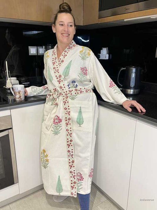 Waffle cotton bathrobe hand block printed design with multi colored flowers and cypress tree in free size