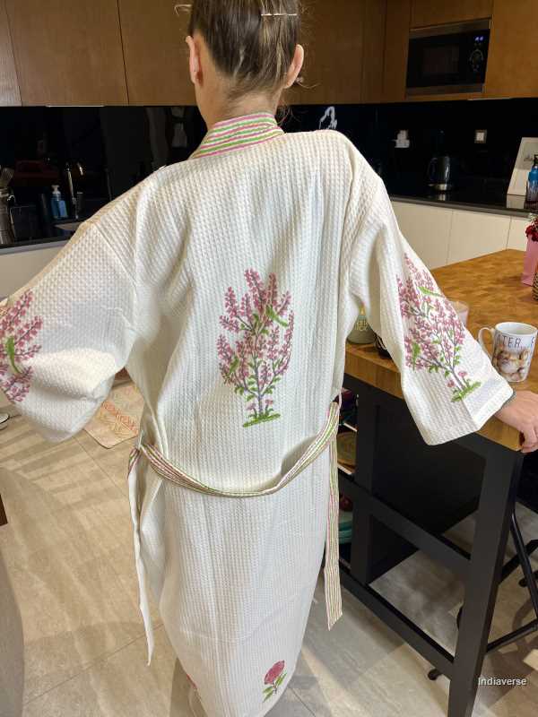 Waffle cotton bathrobe hand block printed design with pink colored flowers  in free size