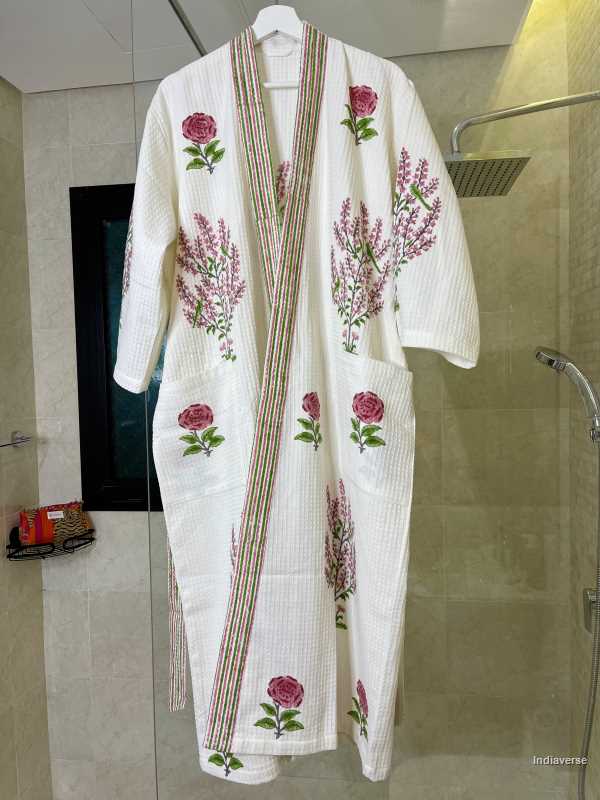 Waffle cotton bathrobe hand block printed design with pink colored flowers  in free size