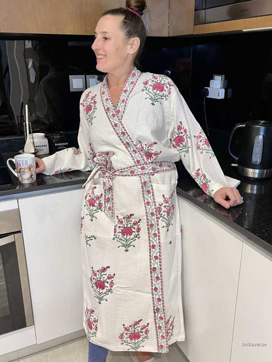 Waffle cotton bathrobe hand block printed design with pink colored flowers in free size