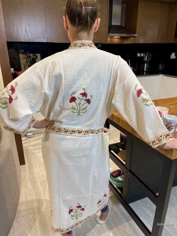 Waffle cotton bathrobe hand block printed design with red colored flowers in free size