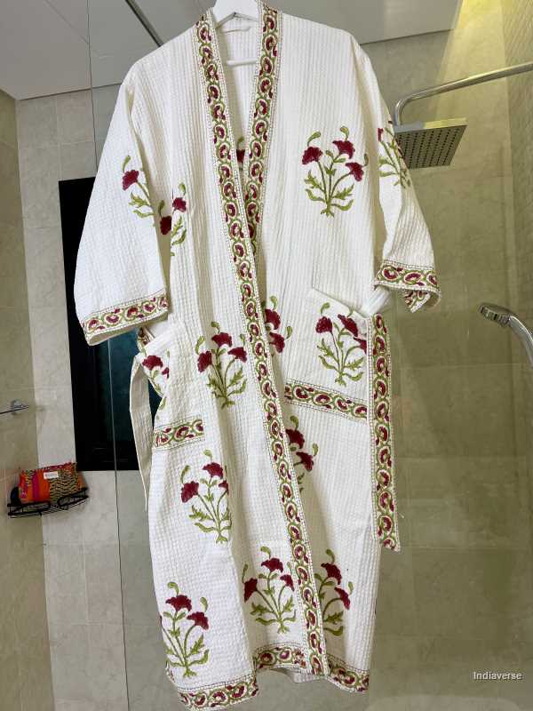 Waffle cotton bathrobe hand block printed design with red colored flowers in free size