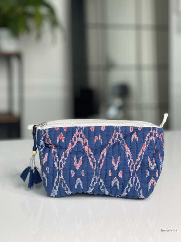 Dark  blue hand block printed small size toiletry bag for all your travel essentials, leak-proof and washable, perfect to gift | Batik Blue