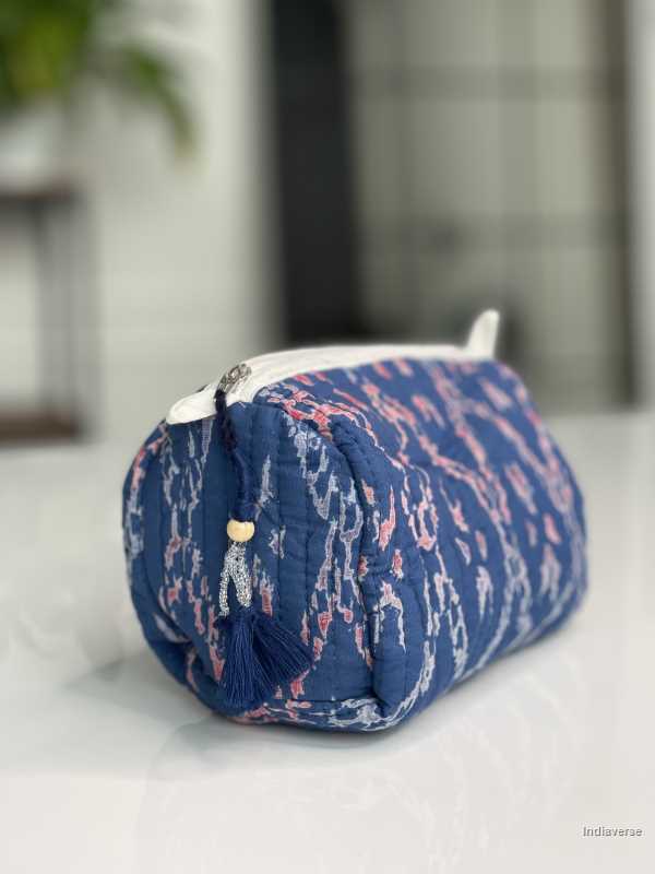 Dark  blue hand block printed small size toiletry bag for all your travel essentials, leak-proof and washable, perfect to gift | Batik Blue