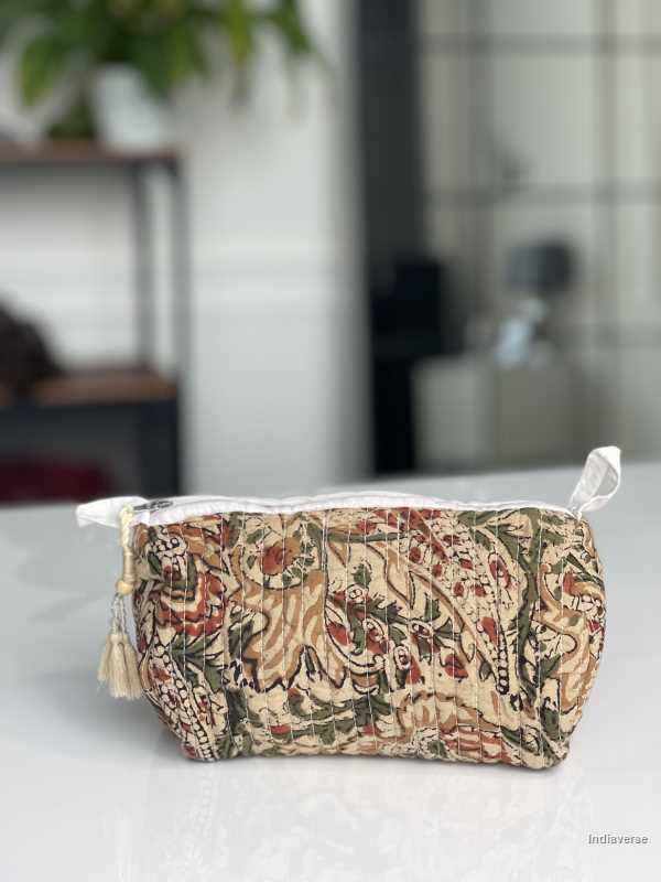 Beige hand block printed small size toiletry bag for all your travel essentials, leak-proof and washable, perfect to gift | Beige Flower Vine