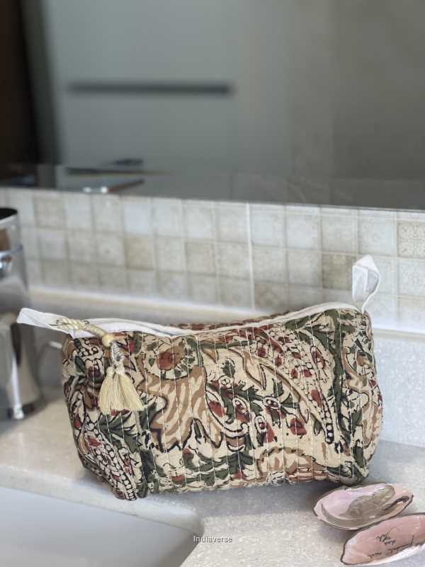 Beige hand block printed small size toiletry bag for all your travel essentials, leak-proof and washable, perfect to gift | Beige Flower Vine