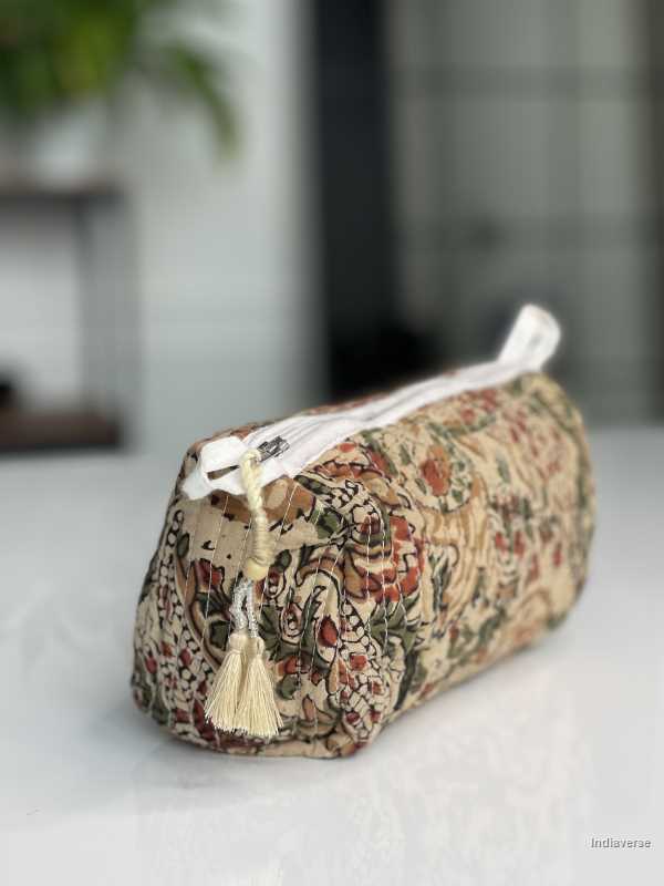 Beige hand block printed small size toiletry bag for all your travel essentials, leak-proof and washable, perfect to gift | Beige Flower Vine