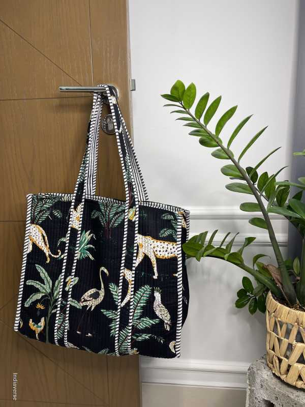 Black handmade quilted pure cotton Tote Bag with one inside pocket for keys and small items in Jungle Look