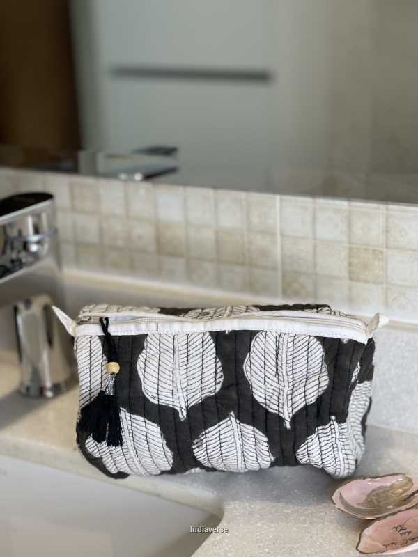 Black white hand block printed small size toiletry bag for all your travel essentials, leak-proof and washable, perfect to gift | Black Leaves