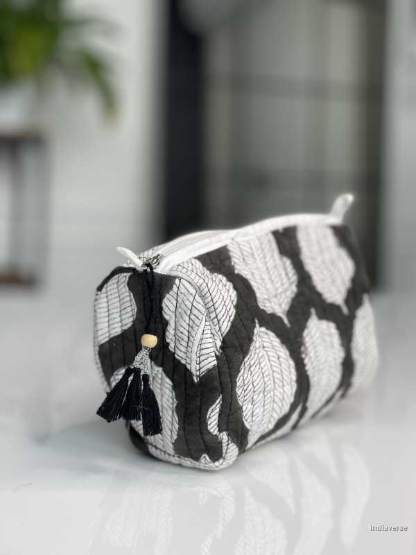 Black white hand block printed small size toiletry bag for all your travel essentials, leak-proof and washable, perfect to gift | Black Leaves